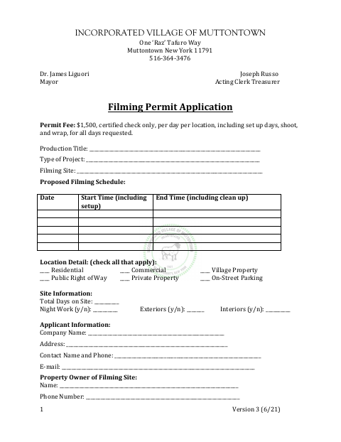 First page of the Film Permit Application