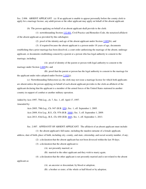 Marriage – Absent Applicant, Tom Green County form, first page