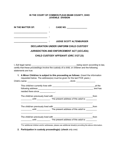Child Custody Affidavit, Miami County form, first page