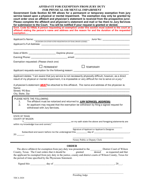 Affidavit for Exemption from Jury Duty for Physical or Mental Impairment, Wilson County form, first page