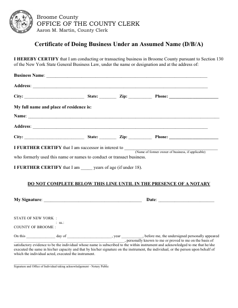 Certificate of Doing Business Under an Assumed Name, Broome County form, first page