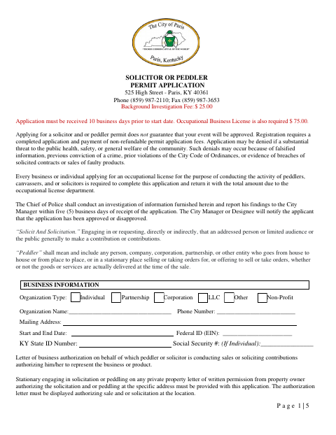 First page of the Solicitor or Peddler Permit Application