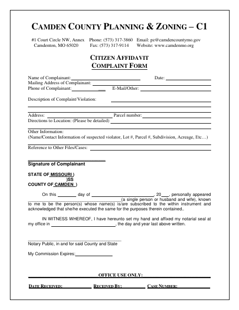 Citizen Affidavit Complaint Form, Camden County form, first page