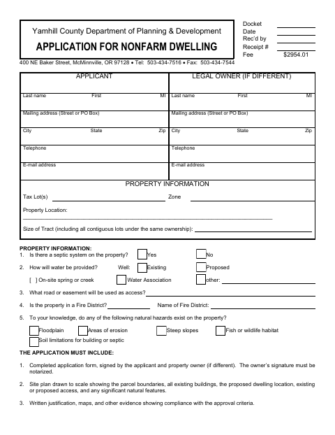 Nonfarm Dwelling Application, Yamhill County form, first page