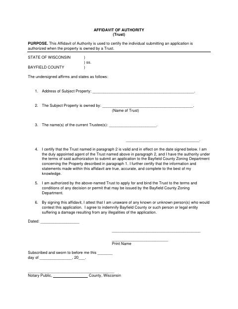 Affidavit of Authority (Trust), Bayfield County form, first page