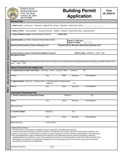 Building Permit Application, Florence County form, first page