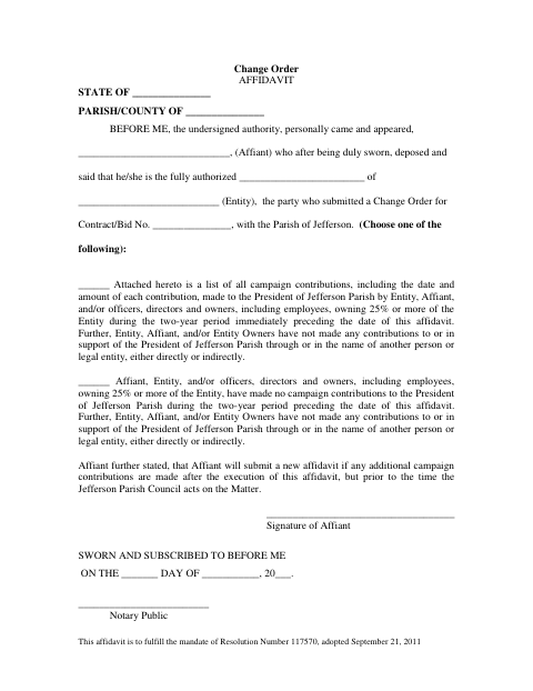 Change Order Affidavit, Jefferson Parish form, first page