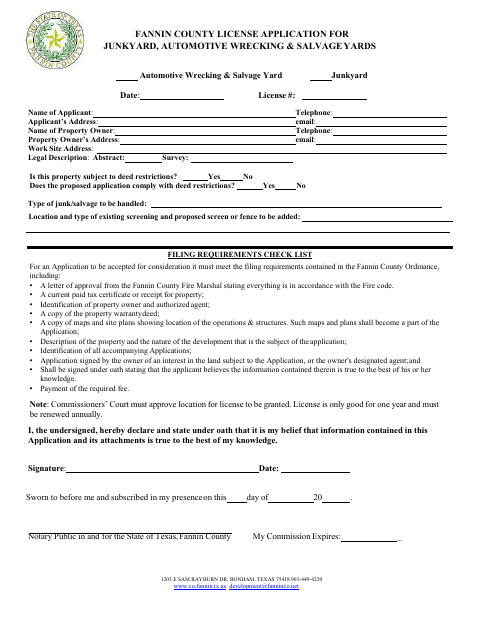 License Application for Junkyard, Automotive Wrecking, and Salvage Yards, Fannin County form, first page