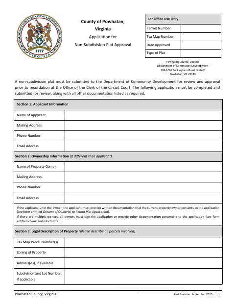 Non-Subdivision Plat Application, Powhatan County form, first page