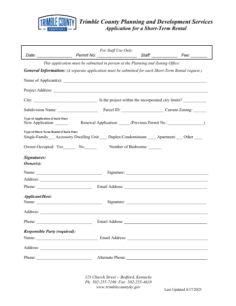 Application for a Short-Term Rental, Trimble County form, first page