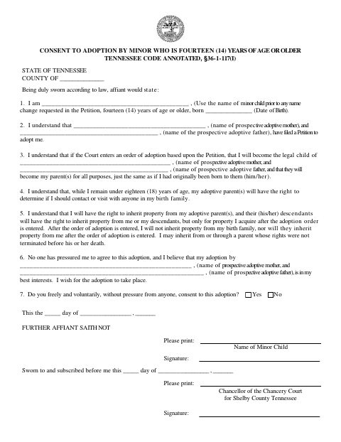 Consent to Adoption by Minor Who Is Fourteen Years of Age or Older, Shelby County form, first page