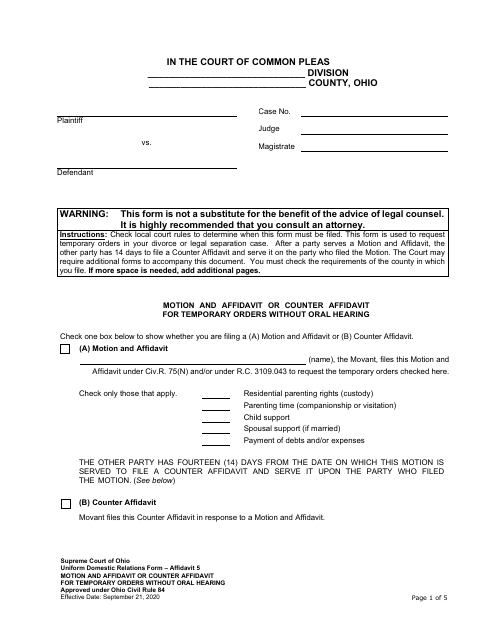 Motion And Affidavit Or Counter Affidavit For Temporary Orders Without Oral Hearing, Miami County form, first page