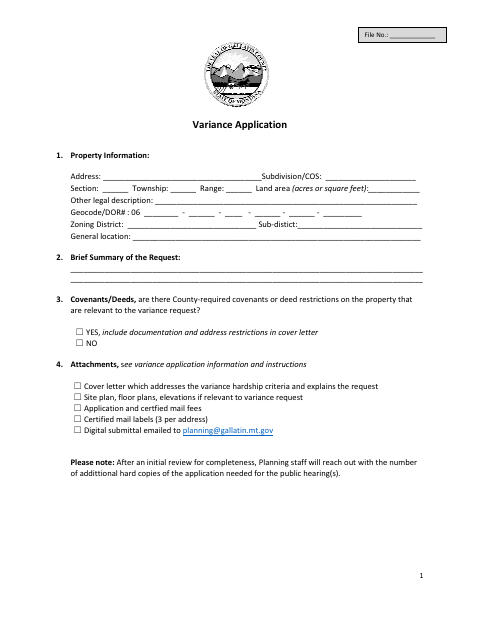 First page of the Variance Application