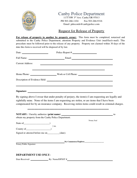 First page of the Request for Release of Property