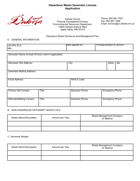 First page of the Hazardous Waste Generator License Application