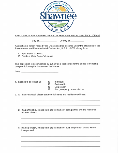 First page of the Pawnbroker or Precious Metal Dealer License Application
