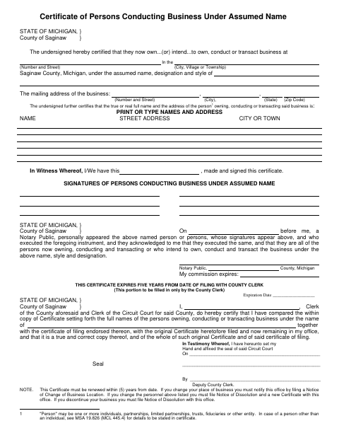 Certificate of Persons Conducting Business Under Assumed Name, Saginaw County form, first page