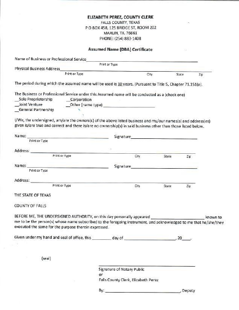 Assumed Name (DBA) Certificate, Falls County form, first page
