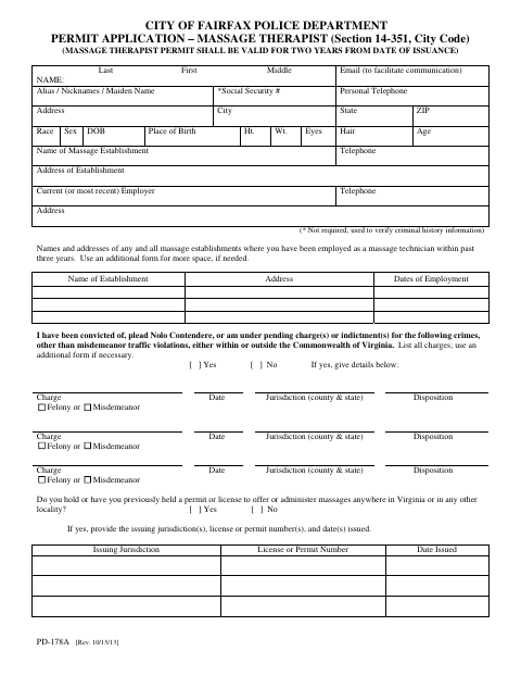 Massage Therapist Permit Application, City of Fairfax form, first page