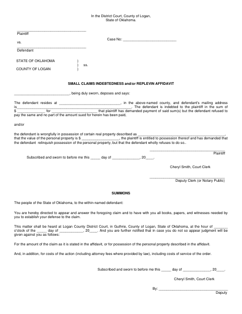 Small Claims Indebtedness and/or Replevin Affidavit, Logan County form, first page