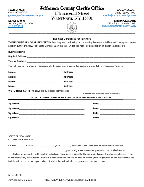 Business Certificate for Partners, Jefferson County form, first page