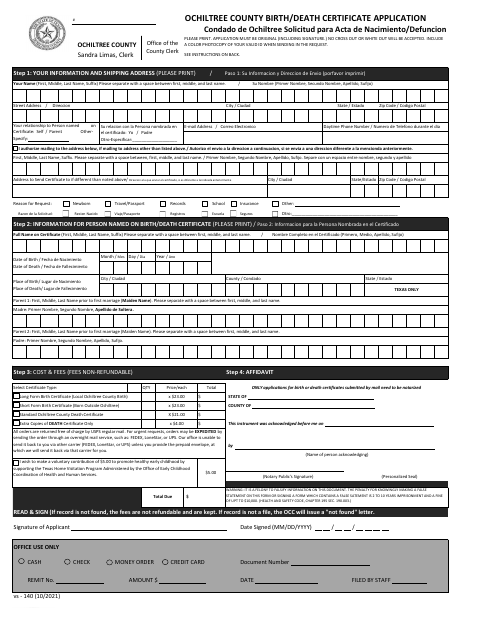 Birth or Death Certificate Application, Ochiltree County form, first page