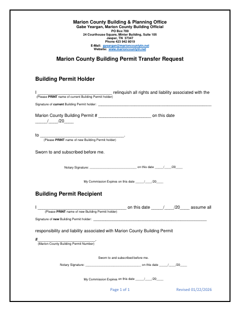 Building Permit Transfer Request, Marion County form, first page