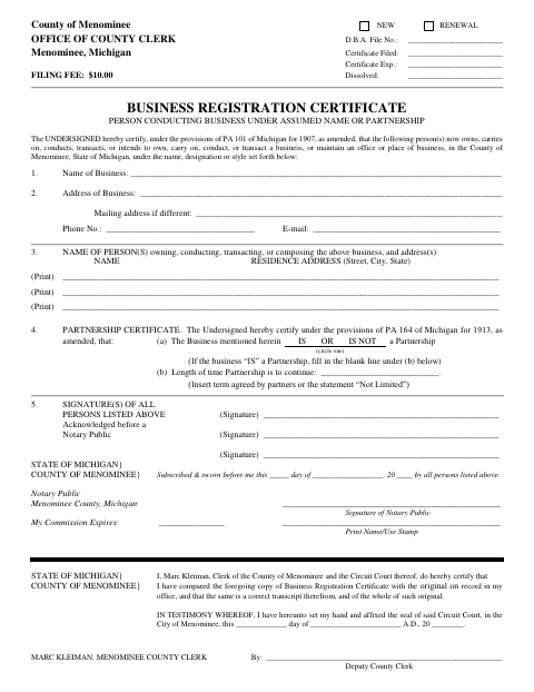 Business Registration Certificate for Assumed Name or Partnership, Menominee County form, first page