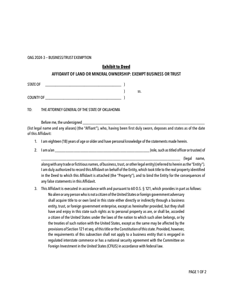 Affidavit of Land or Mineral Ownership Exempt Business or Trust, Cleveland County form, first page