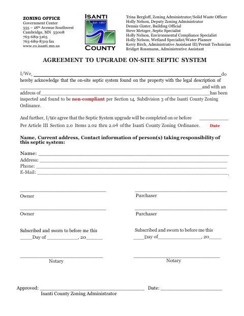 Agreement to Upgrade On-Site Septic System, Isanti County form, first page