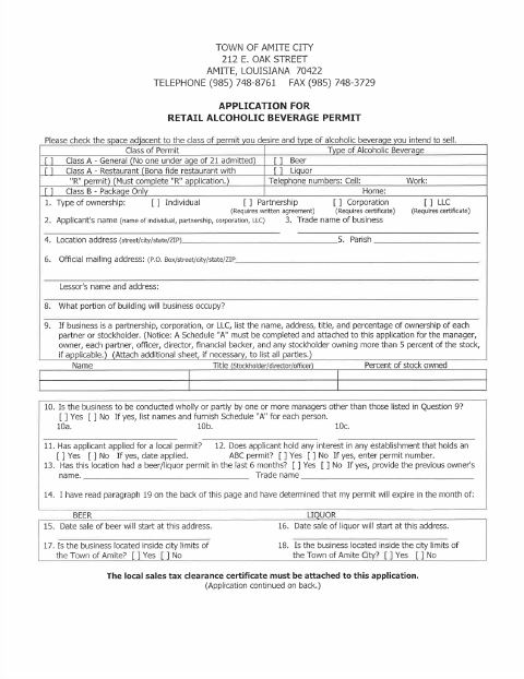 First page of the Retail Alcoholic Beverage Permit Application