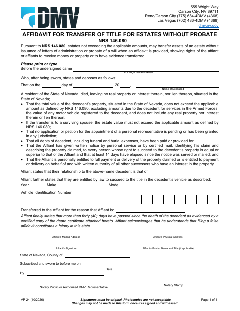 VP-24 Affidavit for Transfer of Title for Estates Without Probate first page