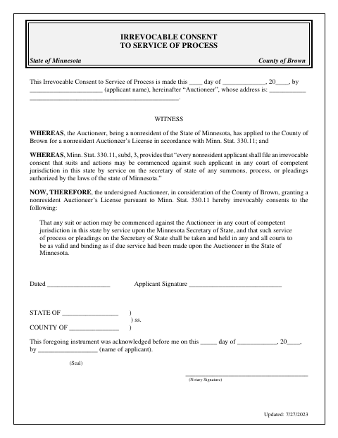 Irrevocable Consent to Service of Process, Brown County form, first page