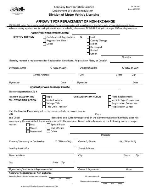TC 96-167 Affidavit for Replacement or Non-Exchange first page