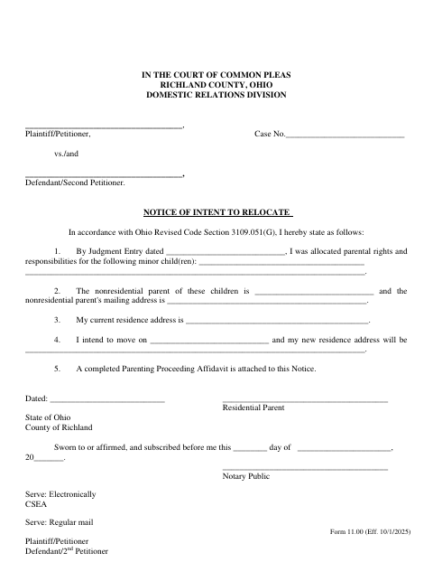 Notice of Intent to Relocate, Richland County form, first page