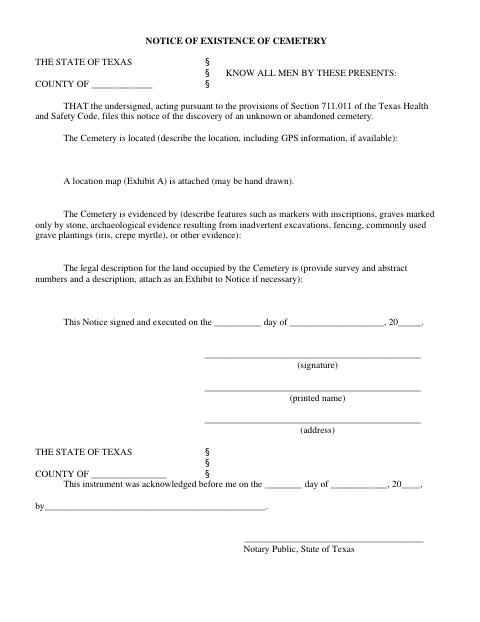 Notice of Existence of Cemetery, Fannin County form, first page