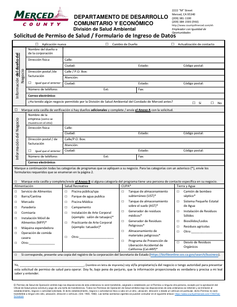 First page of the Health Permit Application and Data Intake Form