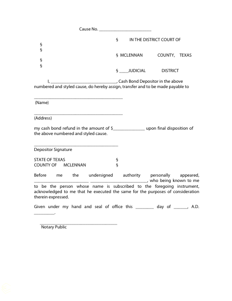 Cash Bond Assignment, McLennan County form, first page