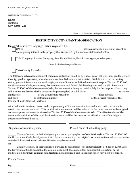 First page of the Restrictive Covenant Modification