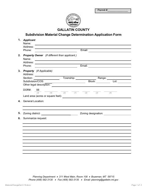 First page of the Subdivision Material Change Determination Application