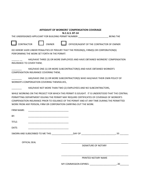 Affidavit of Workers’ Compensation Coverage, Bladen County form, first page