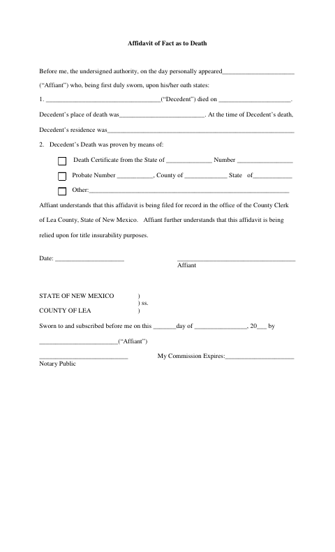 Affidavit of Fact as to Death, Lea County form, first page