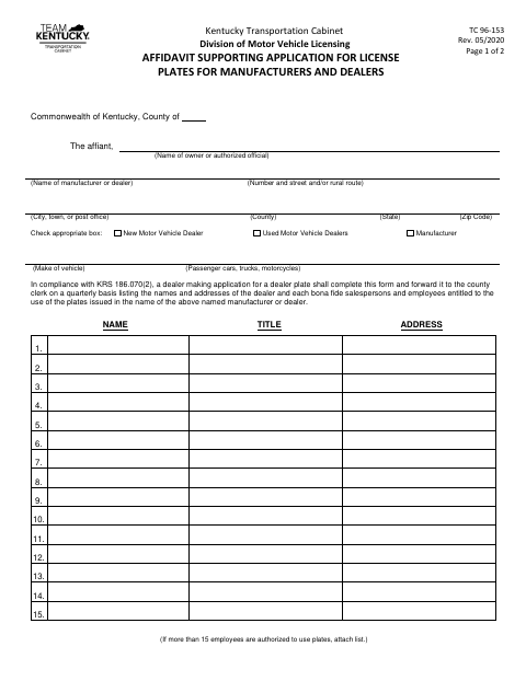 Affidavit Supporting Application for License Plates for Manufacturers and Dealers TC 96-153 first page