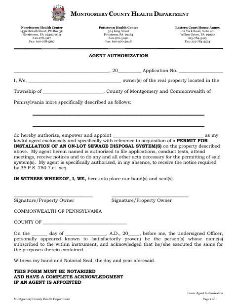 Agent Authorization, Montgomery County form, first page