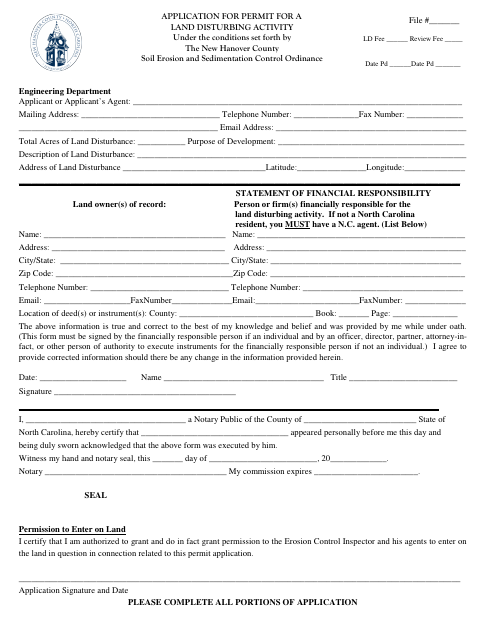 Application for Permit for a Land Disturbing Activity, New Hanover County form, first page