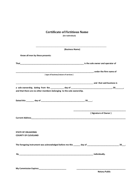 Certificate of Fictitious Name for Individual, Cleveland County form, first page