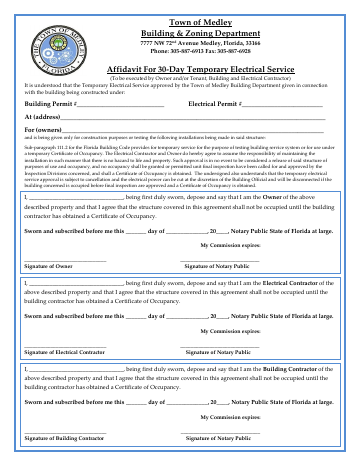 First page of the Electrical 30-Day Temporary Service Affidavit