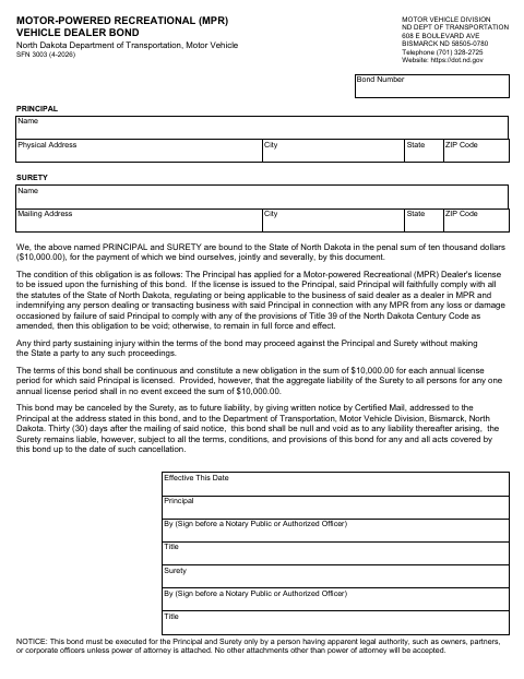 SFN 3003 Motor-Powered Recreational Vehicle Dealer Bond first page