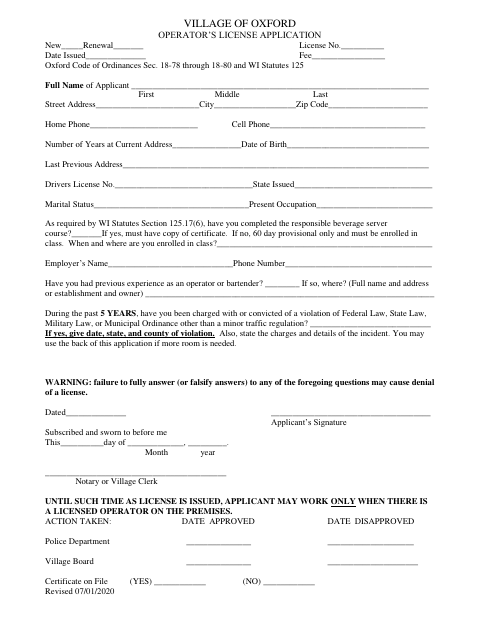First page of the Operator’s License Application