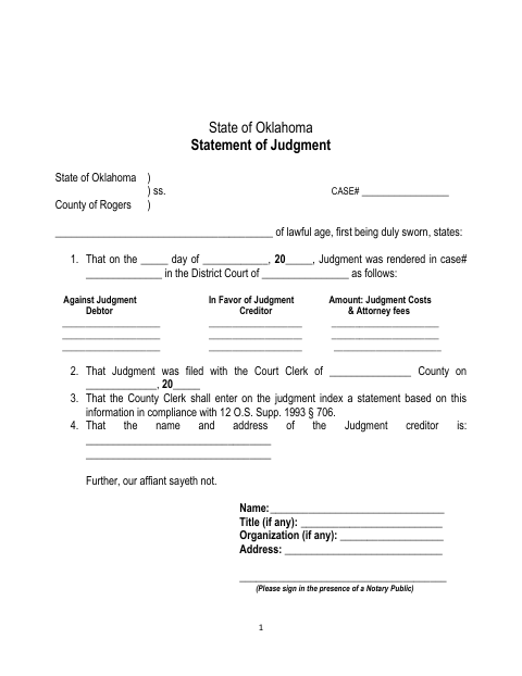 Statement of Judgment, Rogers County form, first page